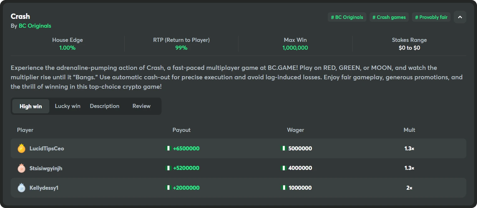 bc game casino originals crash high wins