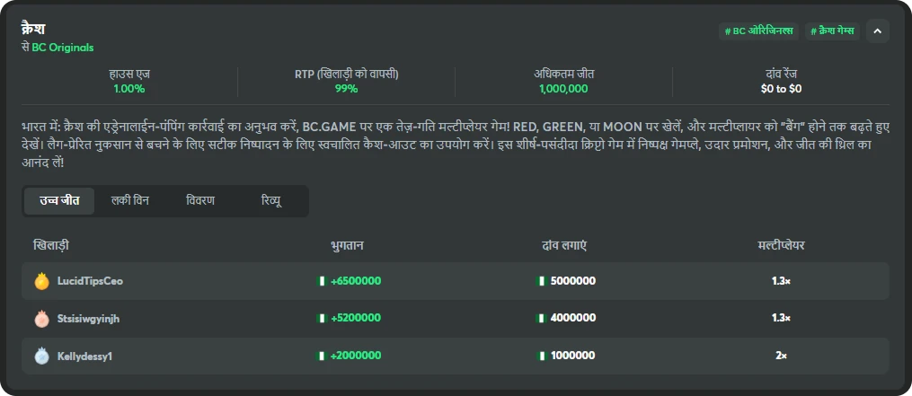 bc game originals crash high wins in hindi