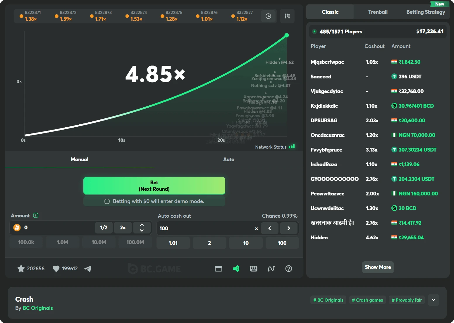 bc game casino originals crash game screen