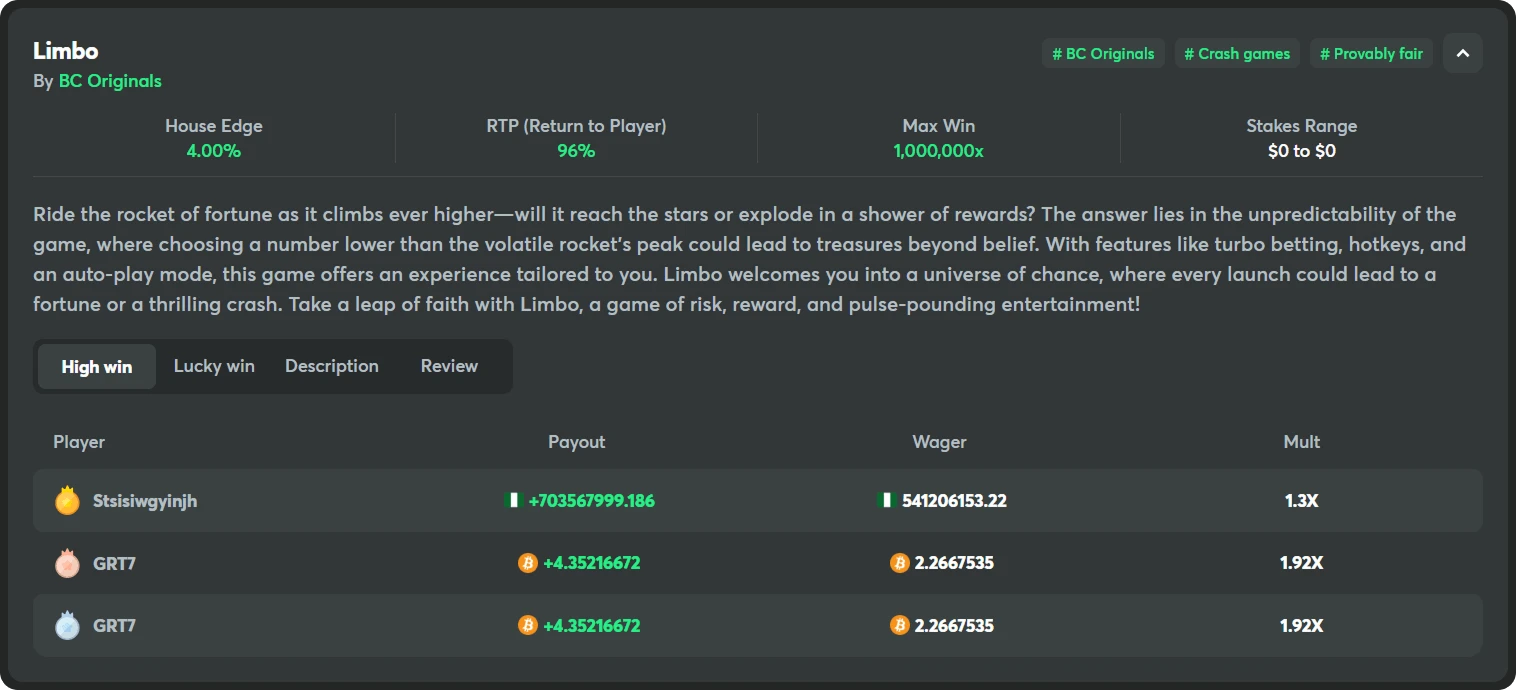 bc game casino originals limbo high wins