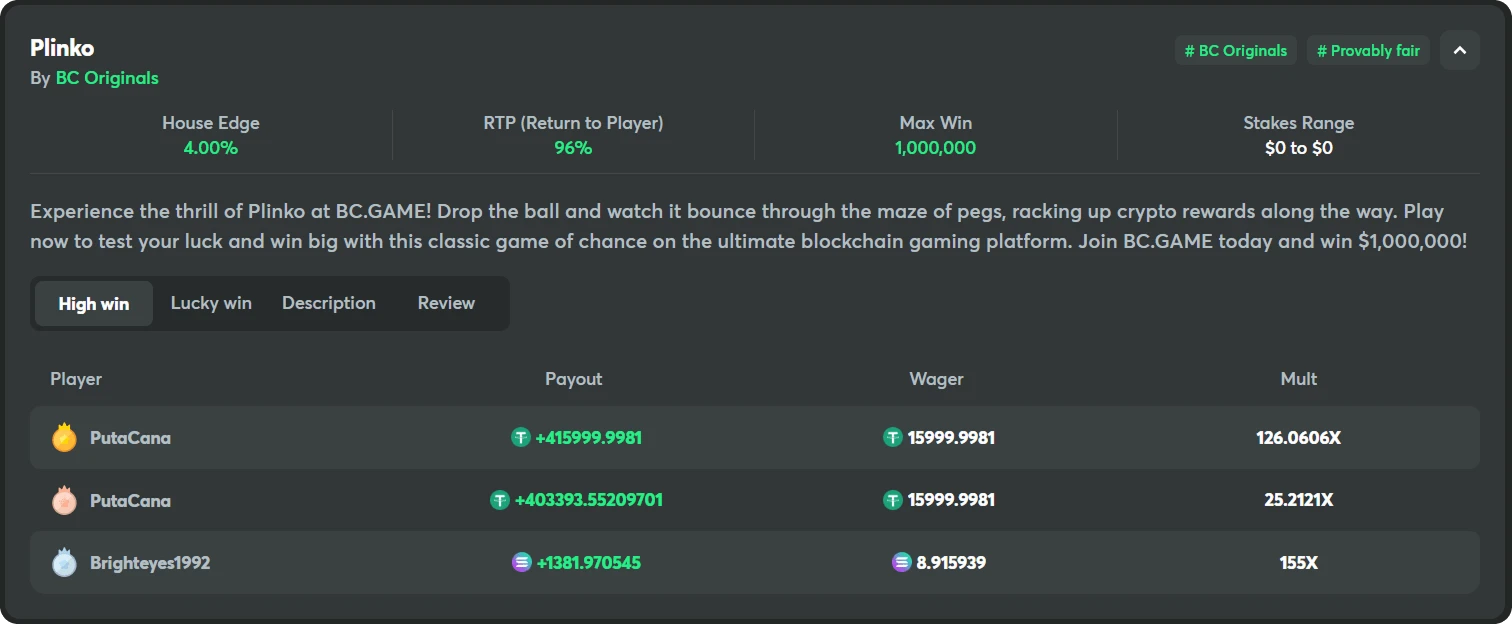 bc game casino originals plinko high wins