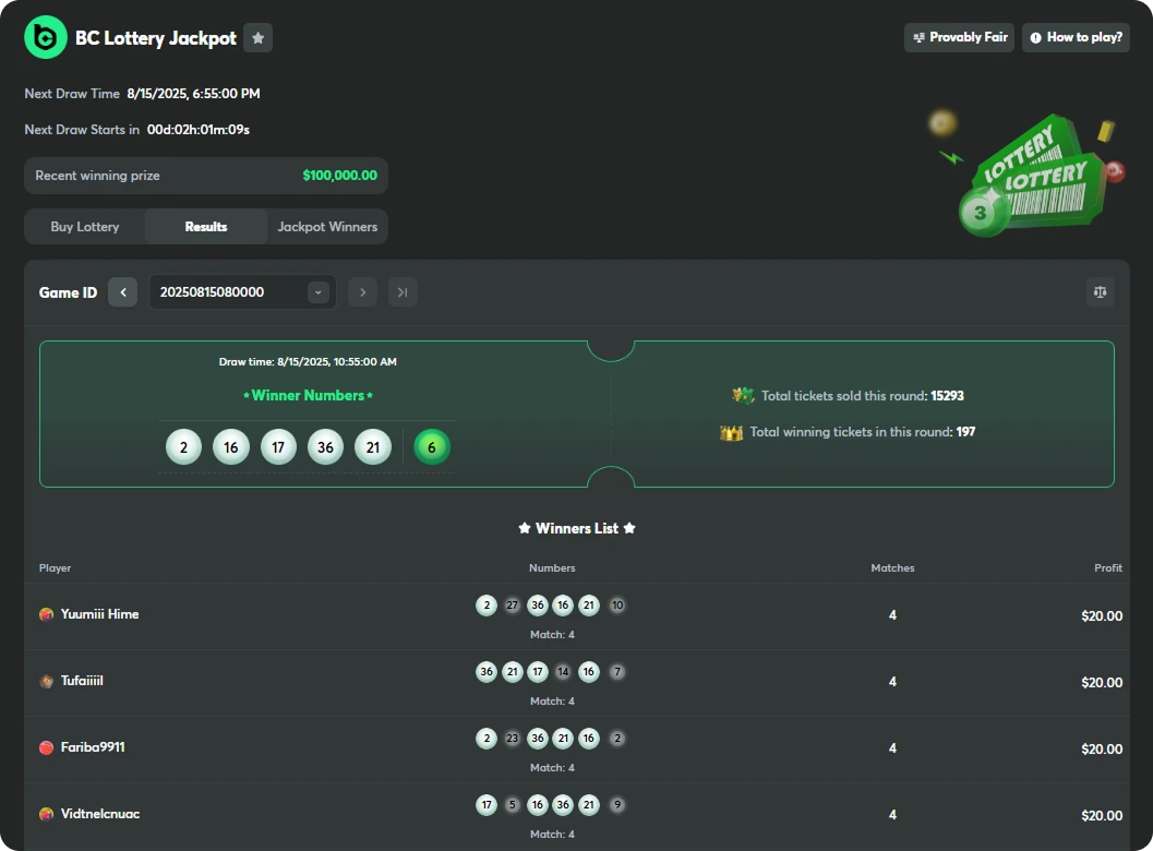 bc.game jackpot lottery winners table