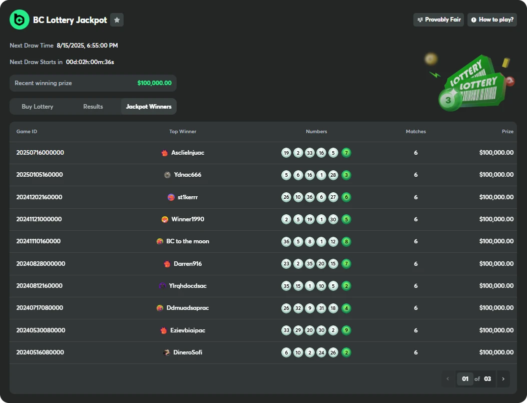 bc.game jackpot lottery winners