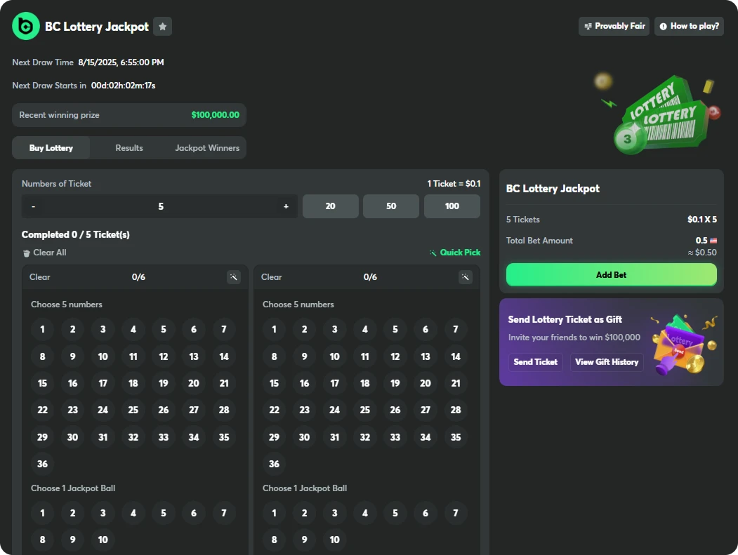 bc game lottery jackpot screen