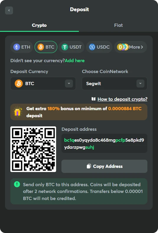 deposit in crypto btc screen at bc game