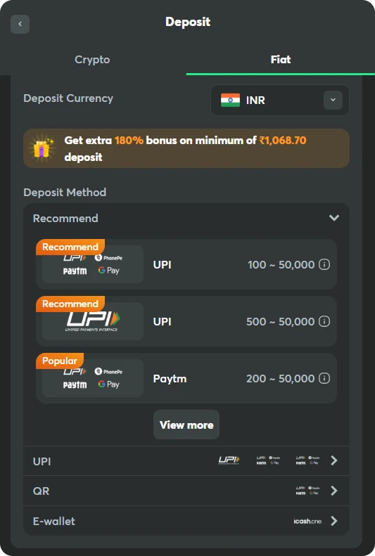 deposit in fiat inr screen at bc game