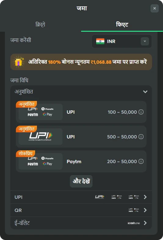 deposit in fiat inr screen in hindi at bc game casino