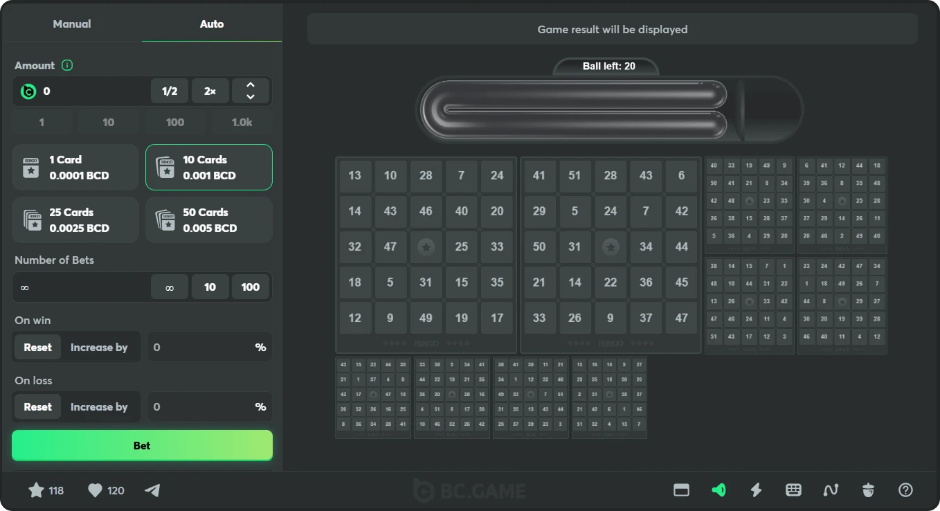original crypto bingo game at bc game casino in auto mode