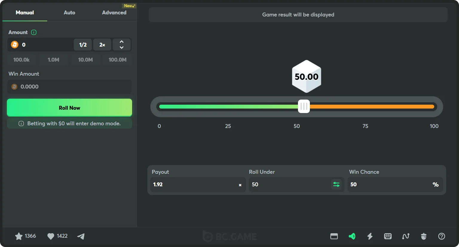 bc game casino originals classic dice demo screen